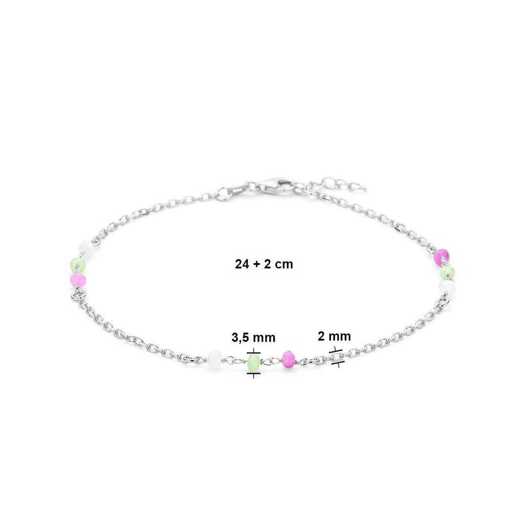 Zilveren enkelbandje met kristal in wit, groen en roze