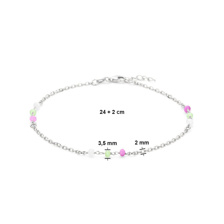 Zilveren enkelbandje met kristal in wit, groen en roze