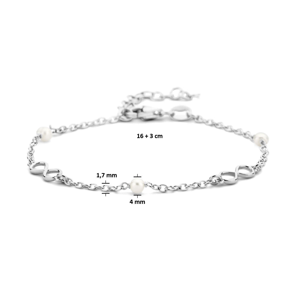 bracelet infinity and pearls 16 + 3 cm 1 micron silver rhodium plated