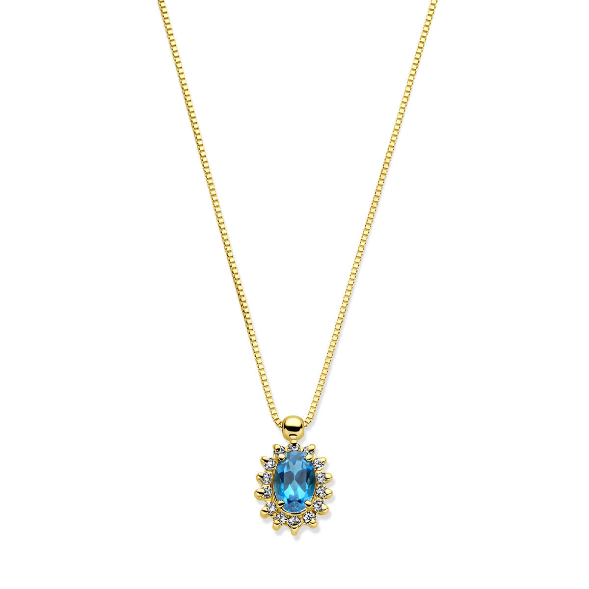 Geelgouden collier met een London Blue topaas en omliggende diamantjes, hangend aan een fijne ketting.