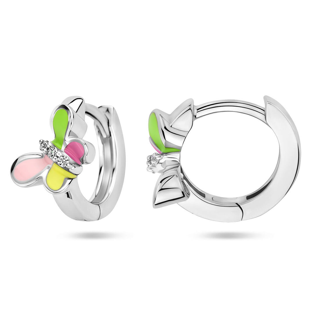 Zilveren kinder klapoorringen met vlinder en zirkonia – gerhodineerd 925 zilver