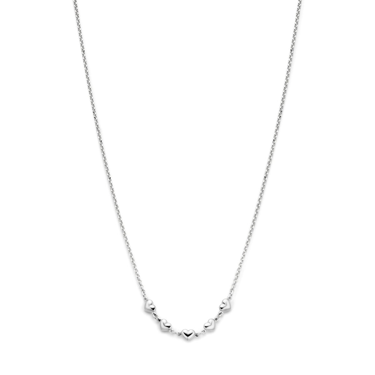 Zilveren gerhodineerde damesketting met hartjes, lengte 41-45 cm.