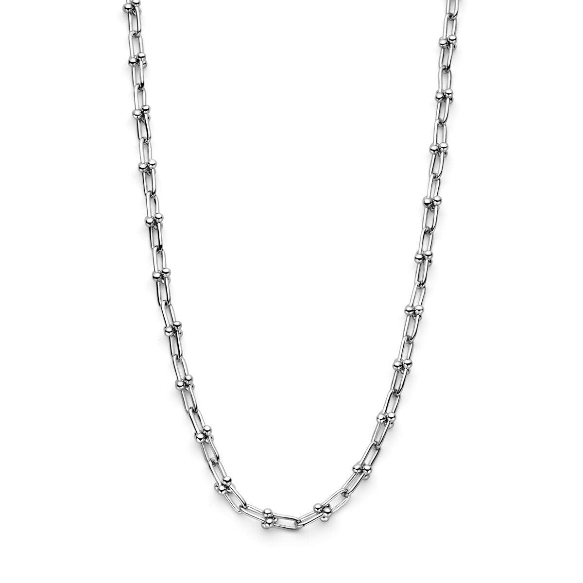 Zilveren collier van gerhodineerd 925 zilver met fantasie schakels en een glanzende afwerking.