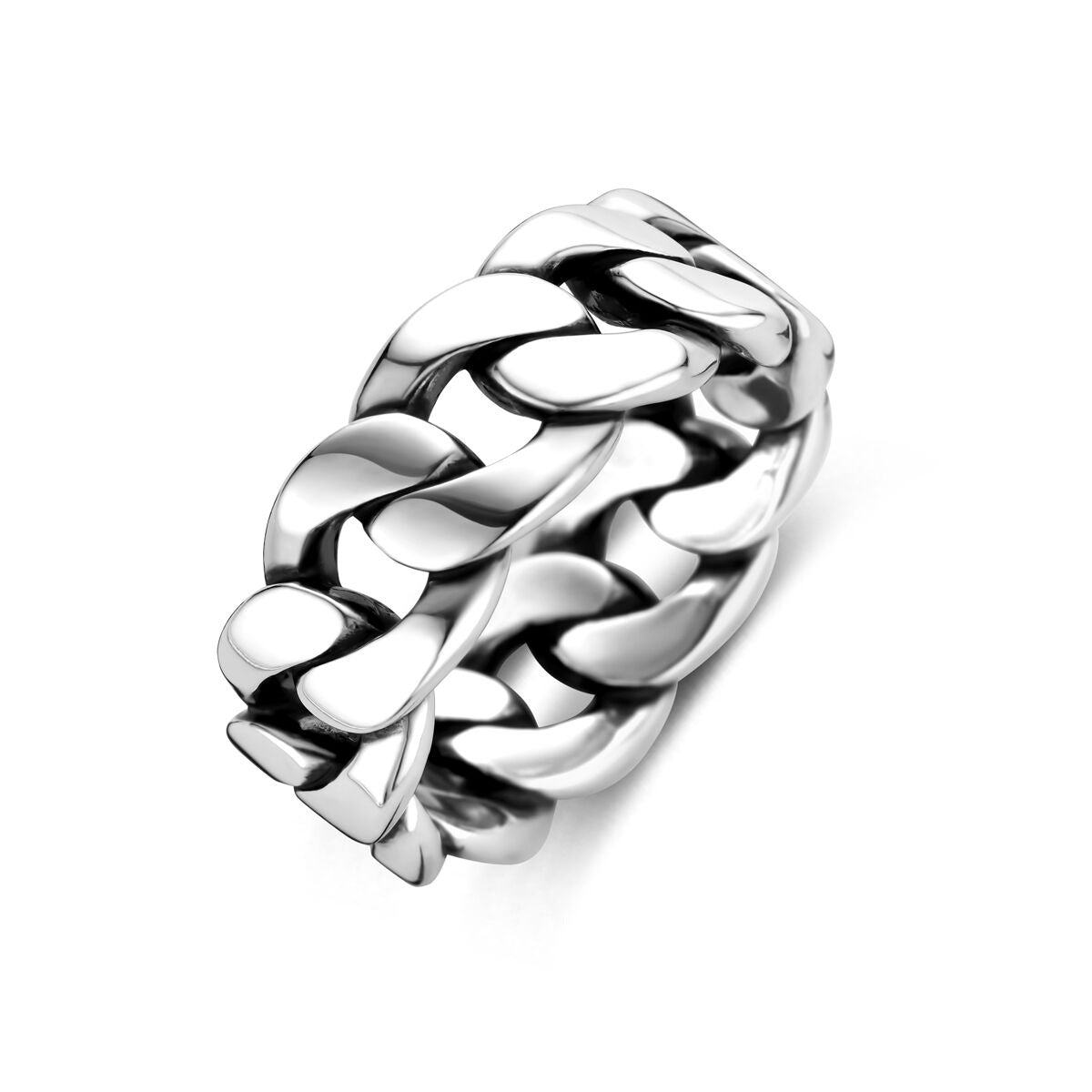 Zilveren heren ring met een breed, gevlochten ontwerp van geoxideerd 925 zilver.