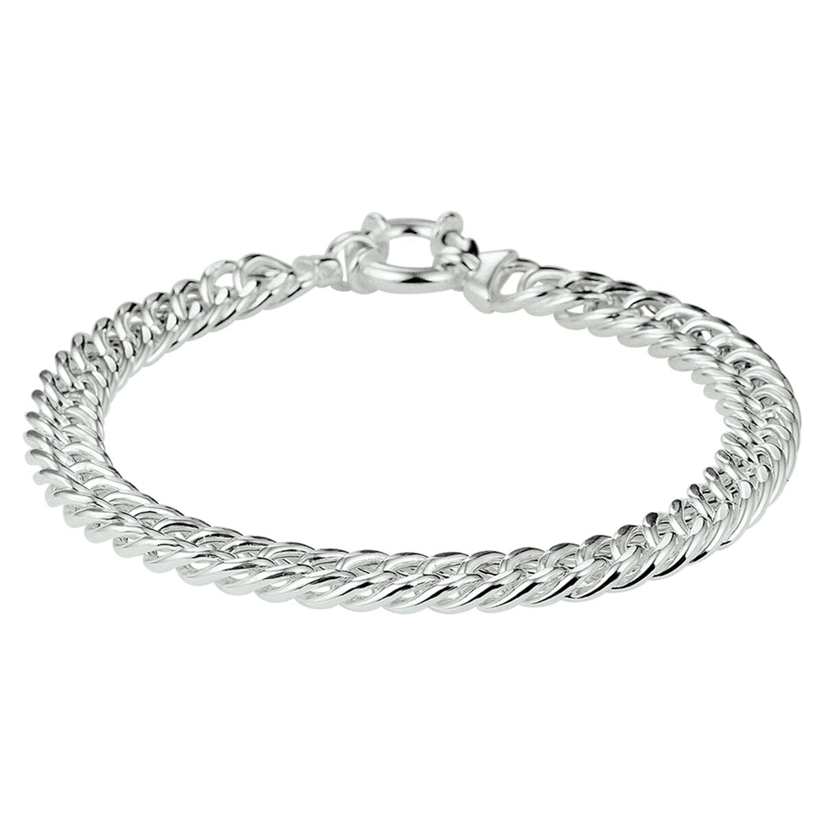 Zilveren gourmet armband met grote veerring en gedraaide schakels.