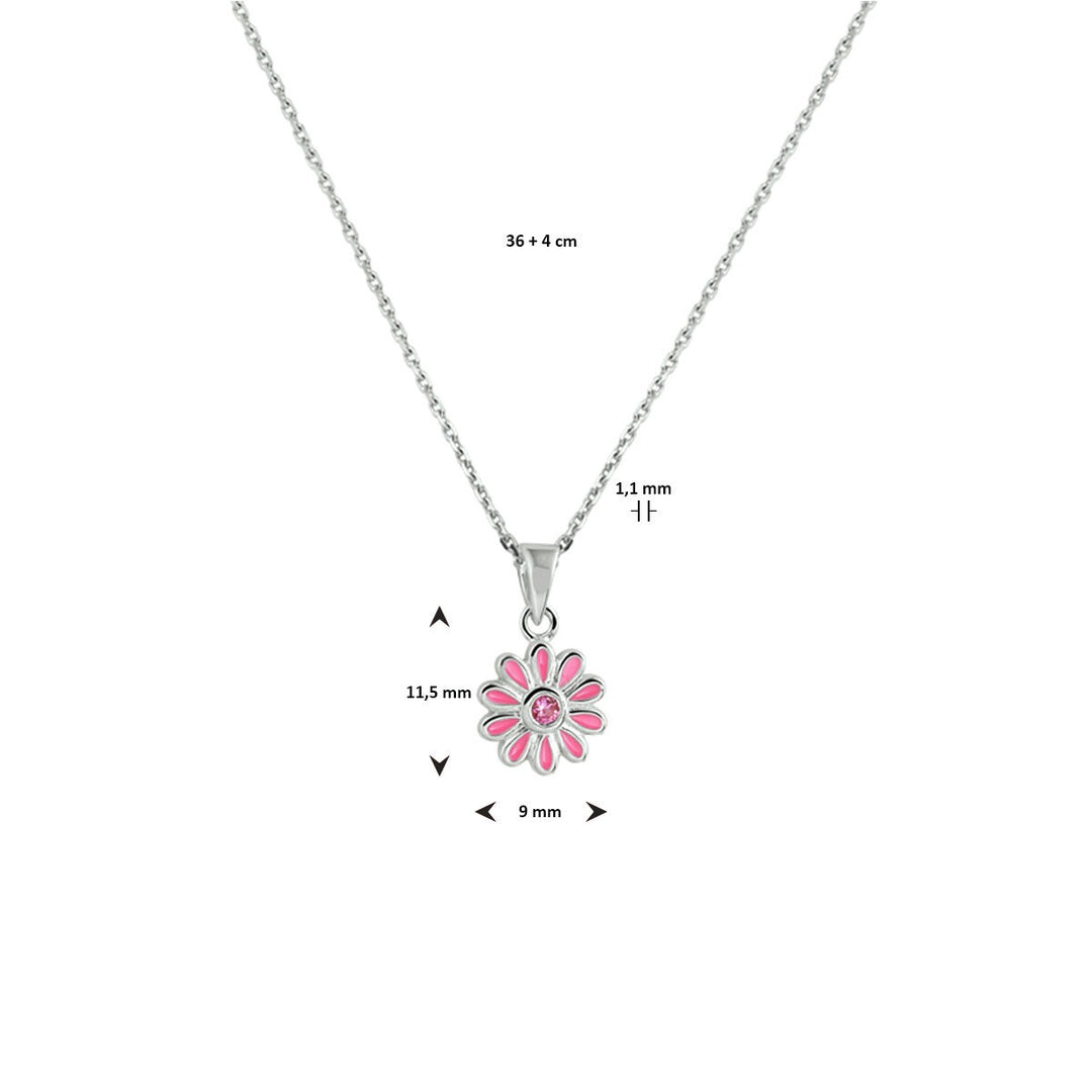 Zilveren kinder collier met bloemhanger en roze zirkonia – gerhodineerd 925 zilver