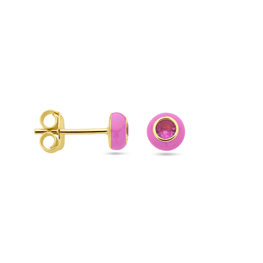 ear studs pink enamel and corundum zirconia 1 micron silver gold plated (yellow)