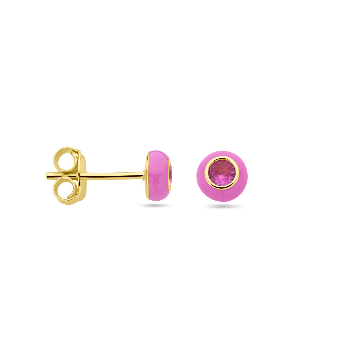 Vergulde zilveren oorknopjes met roze emaille en roze zirkonia