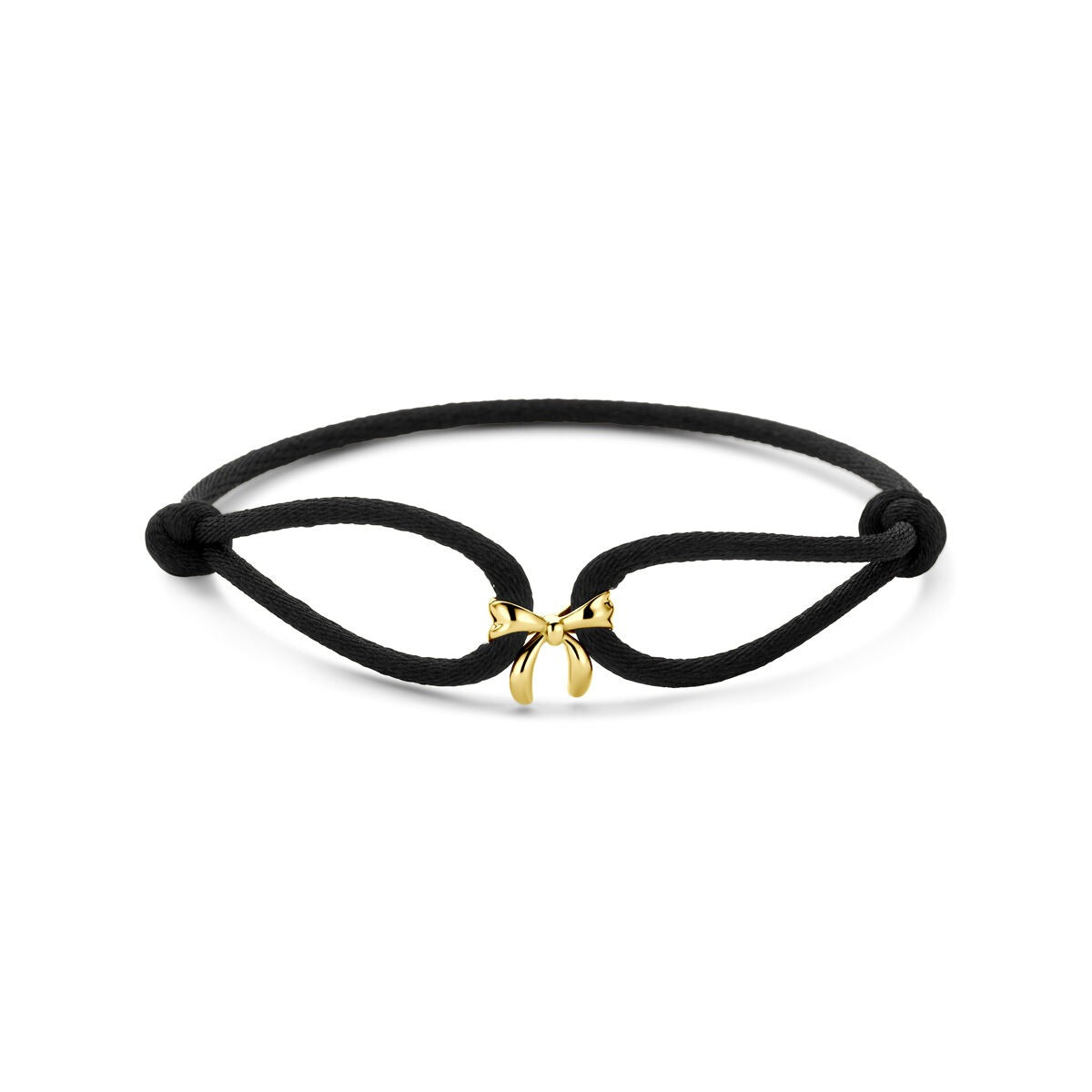 Zwart satijnen armband met een 14k geelgouden strik in het midden.