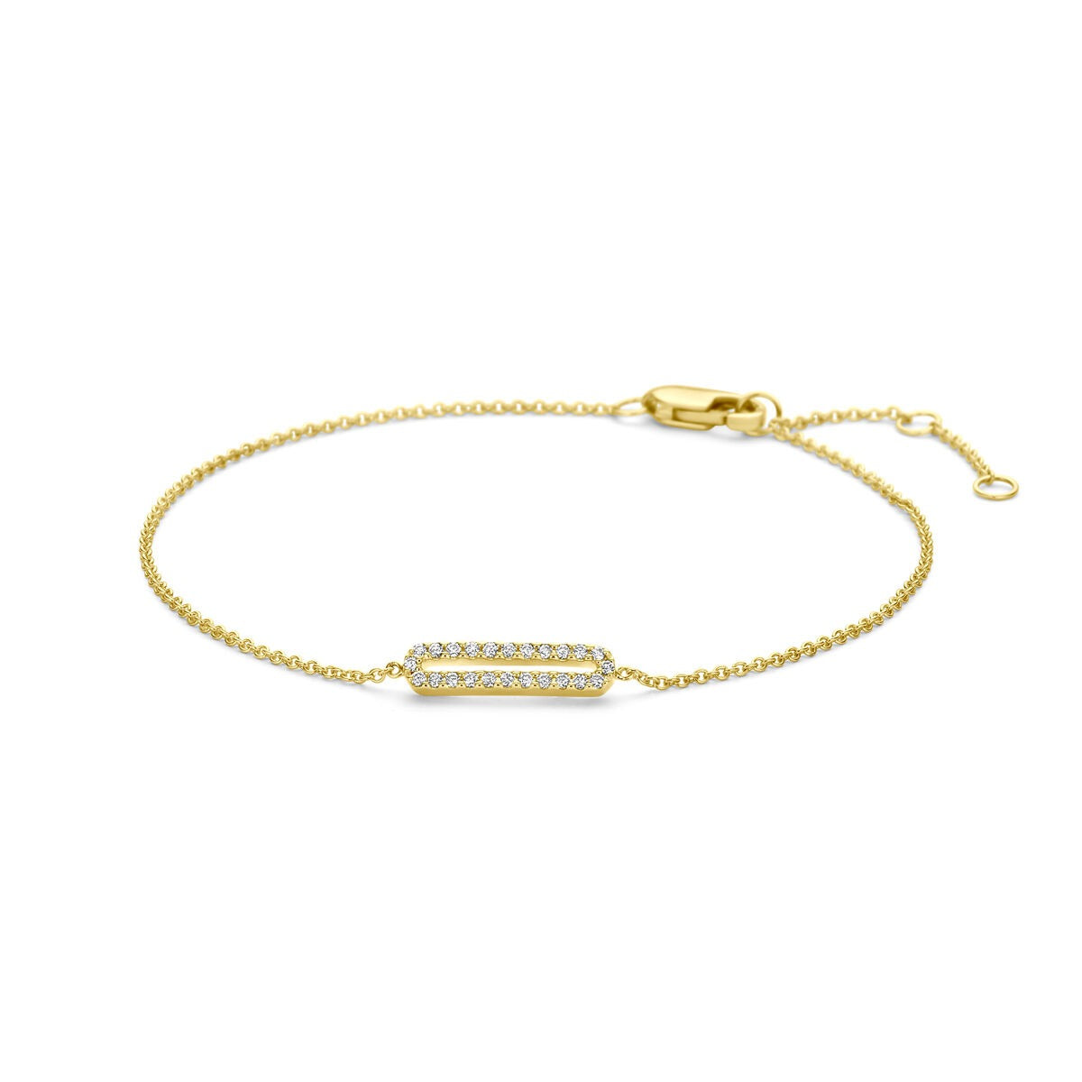 Gouden dames armband van 14k geelgoud met een rechte, diamant bezette schakel.