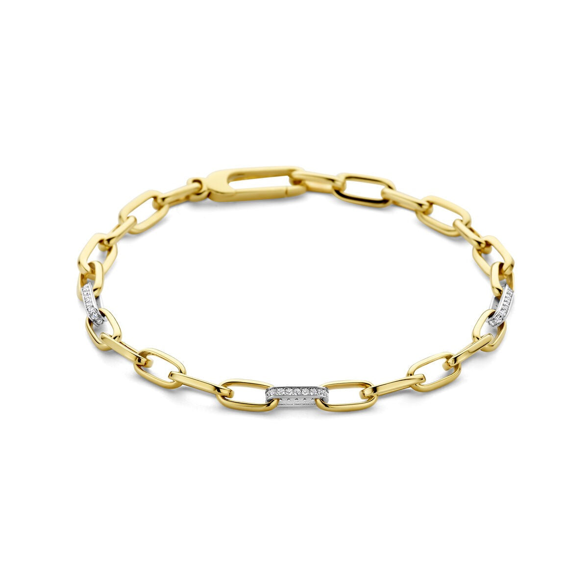 Bicolor armband van 14k geel- en witgoud met diamantdetails en schakels.