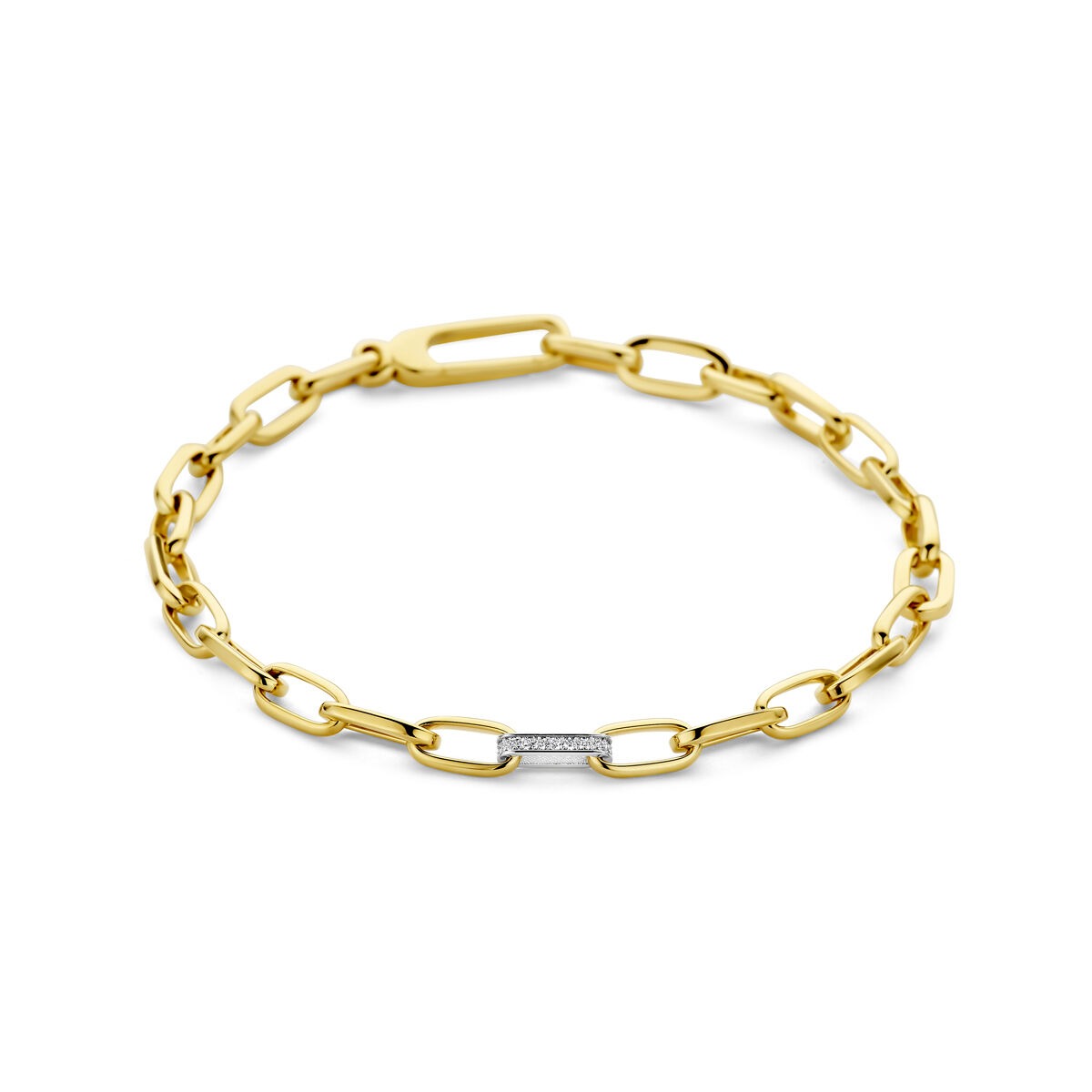 Bicolor armband van 14k goud met een glinsterende diamant in het midden.