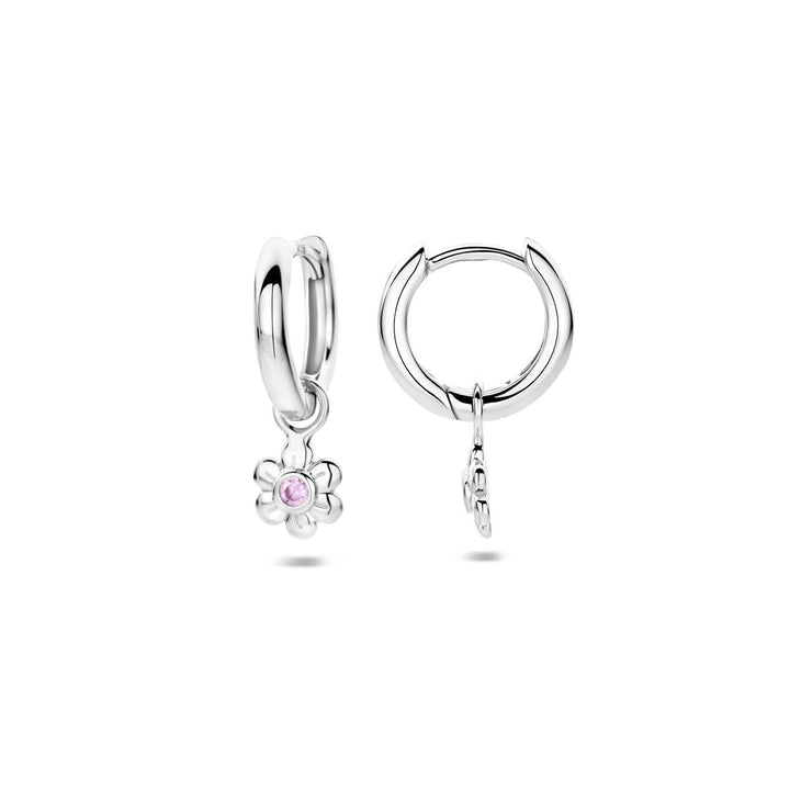 Zilveren oorringen met roze zirkonia en bloemdesign