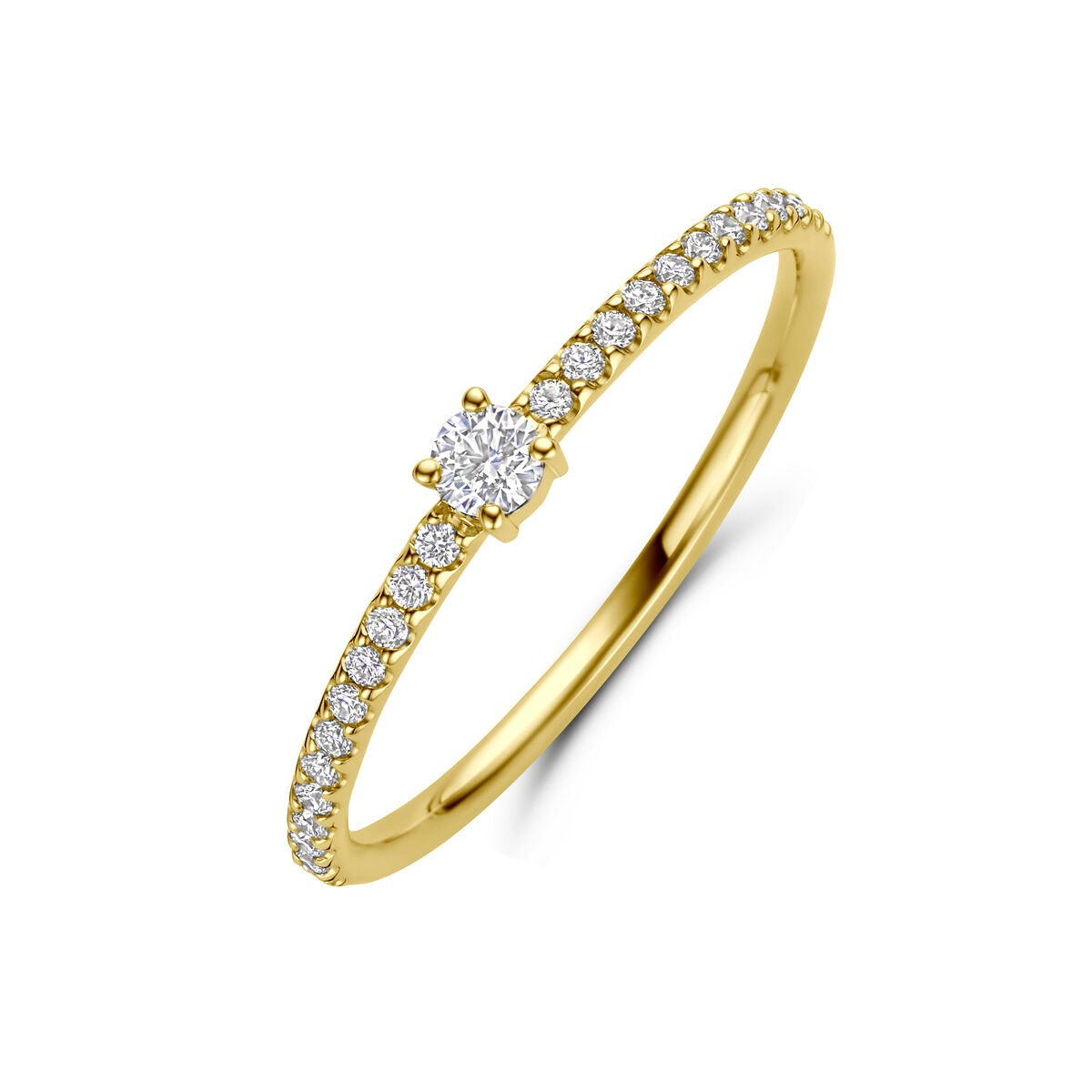 Geelgouden damesring met een solitaire diamant in het midden en kleine diamanten rondom de band.