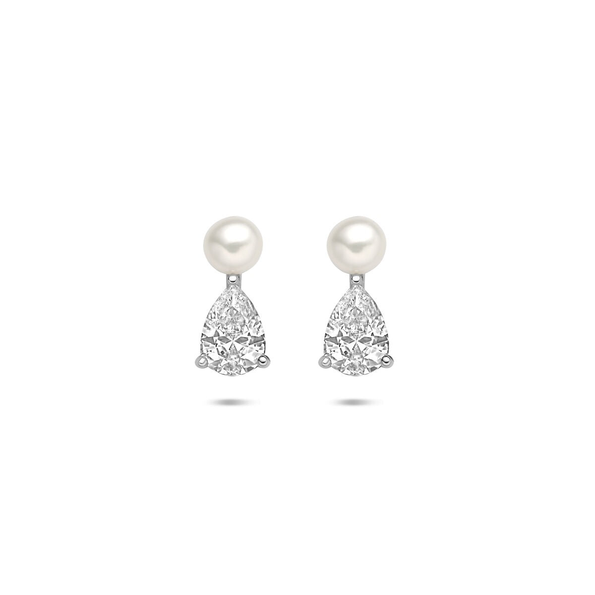 Zilveren oorknopjes van gerhodineerd 925 zilver met een parel en zirkonia in een verfijnde hangende vorm.