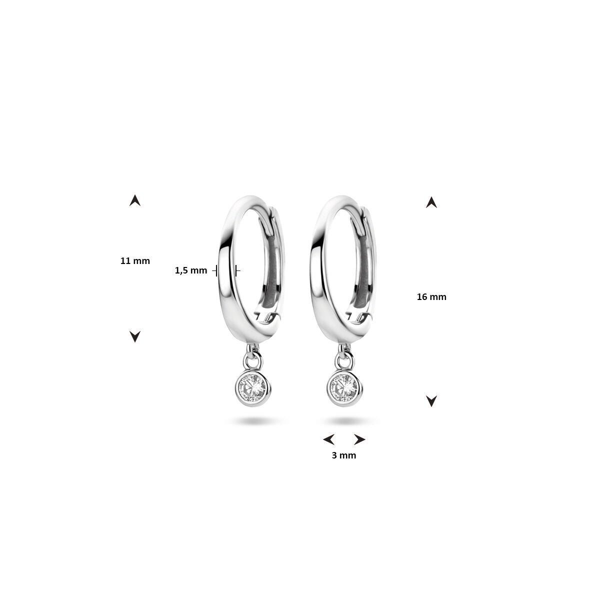 Zilveren klapoorringen met zirkonia – gerhodineerd 925 zilver, 16 mm hoog