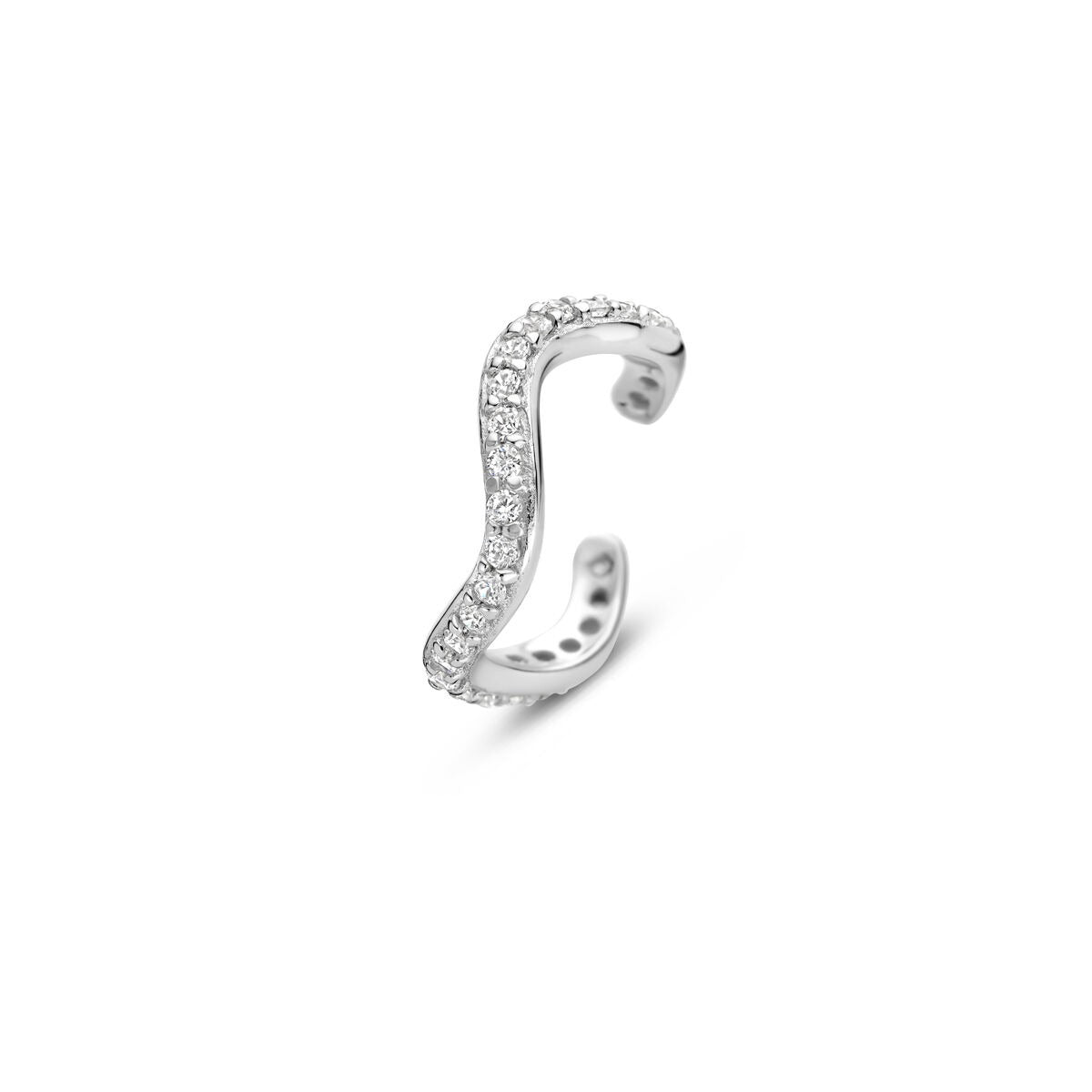Zilveren ear cuff in golvende vorm, bezet met zirkonia, 925 gerhodineerd.