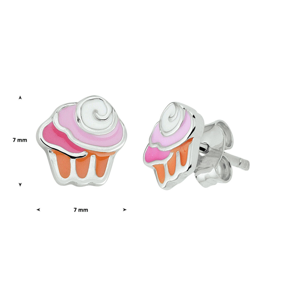 Zilveren oorknopjes cupcake – gerhodineerd met gekleurd emaille