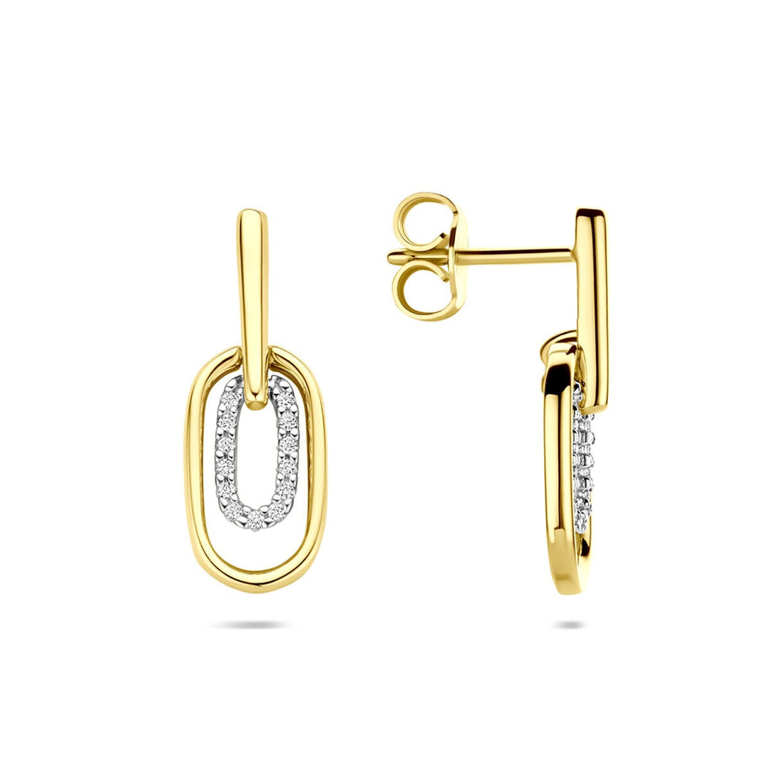14k Bicolor oorhangers met diamant – geel- en witgoud, 0.08 ct, 20 mm hoog