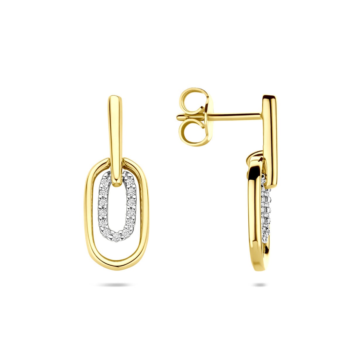 14k Bicolor oorhangers met diamant – geel- en witgoud, 0.08 ct, 20 mm hoog