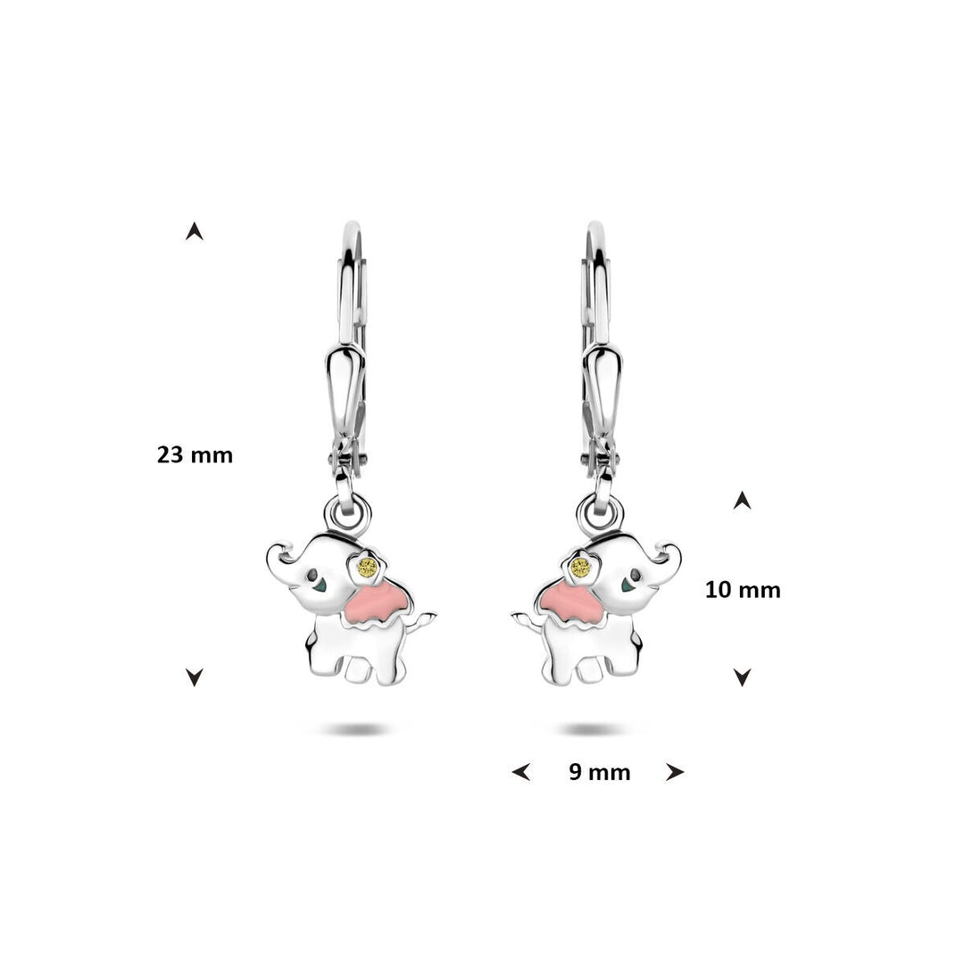 Zilveren kinder oorhangers olifant – gerhodineerd 925 zilver met emaille en zirkonia 23 mm