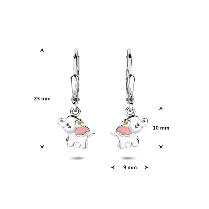 Zilveren kinder oorhangers olifant – gerhodineerd 925 zilver met emaille en zirkonia 23 mm