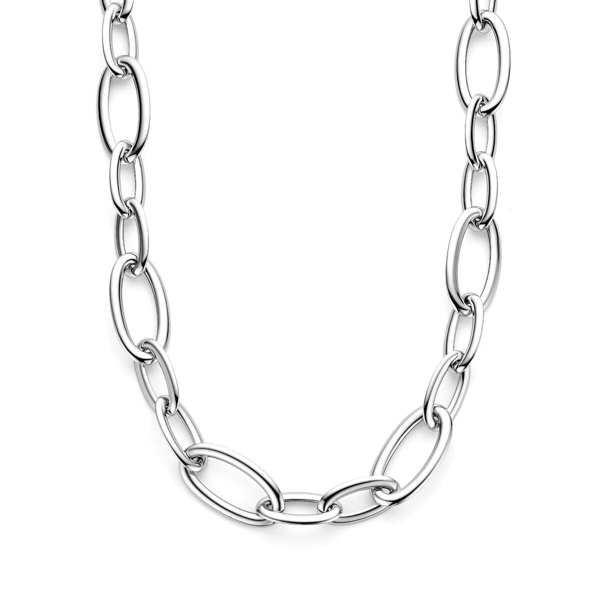 Zilveren collier van gerhodineerd 925 zilver met grote ovale schakels, 19 mm breed.