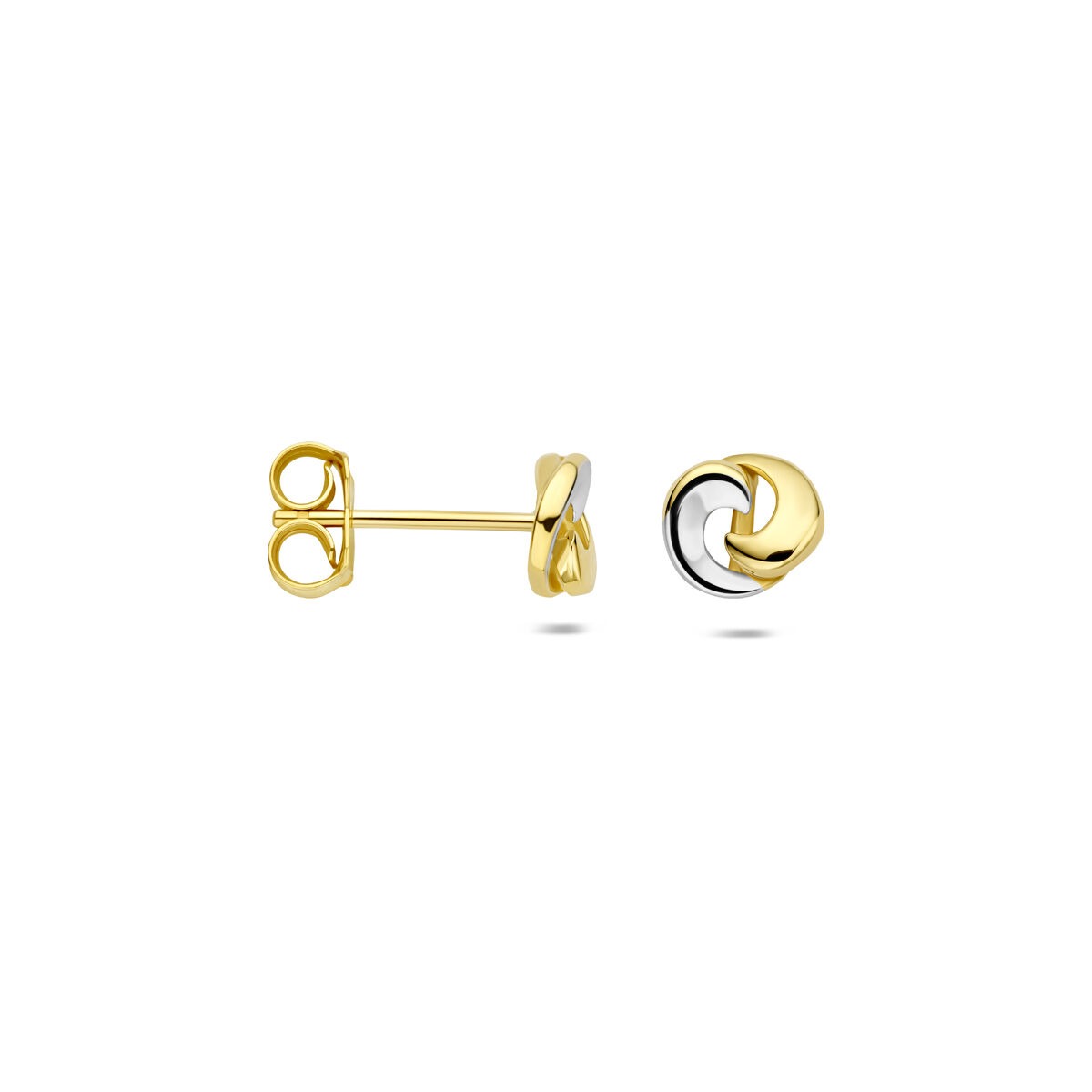 Bicolor oorknoppen met knoop – 14k wit- en geelgoud