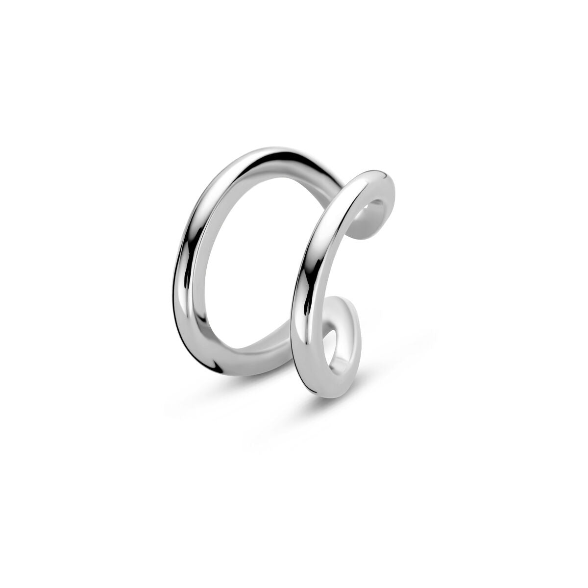 Gerhodineerde zilveren ear cuff met een moderne, golvende vorm en een open ontwerp.