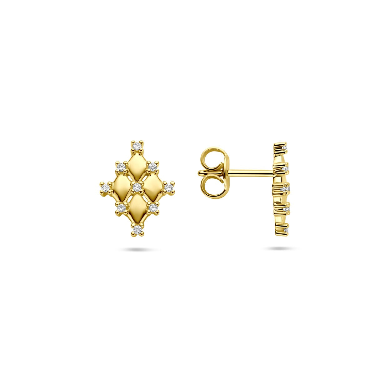 14k Geelgouden oorknoppen met diamant – 12 x 9 mm, ruitvormig