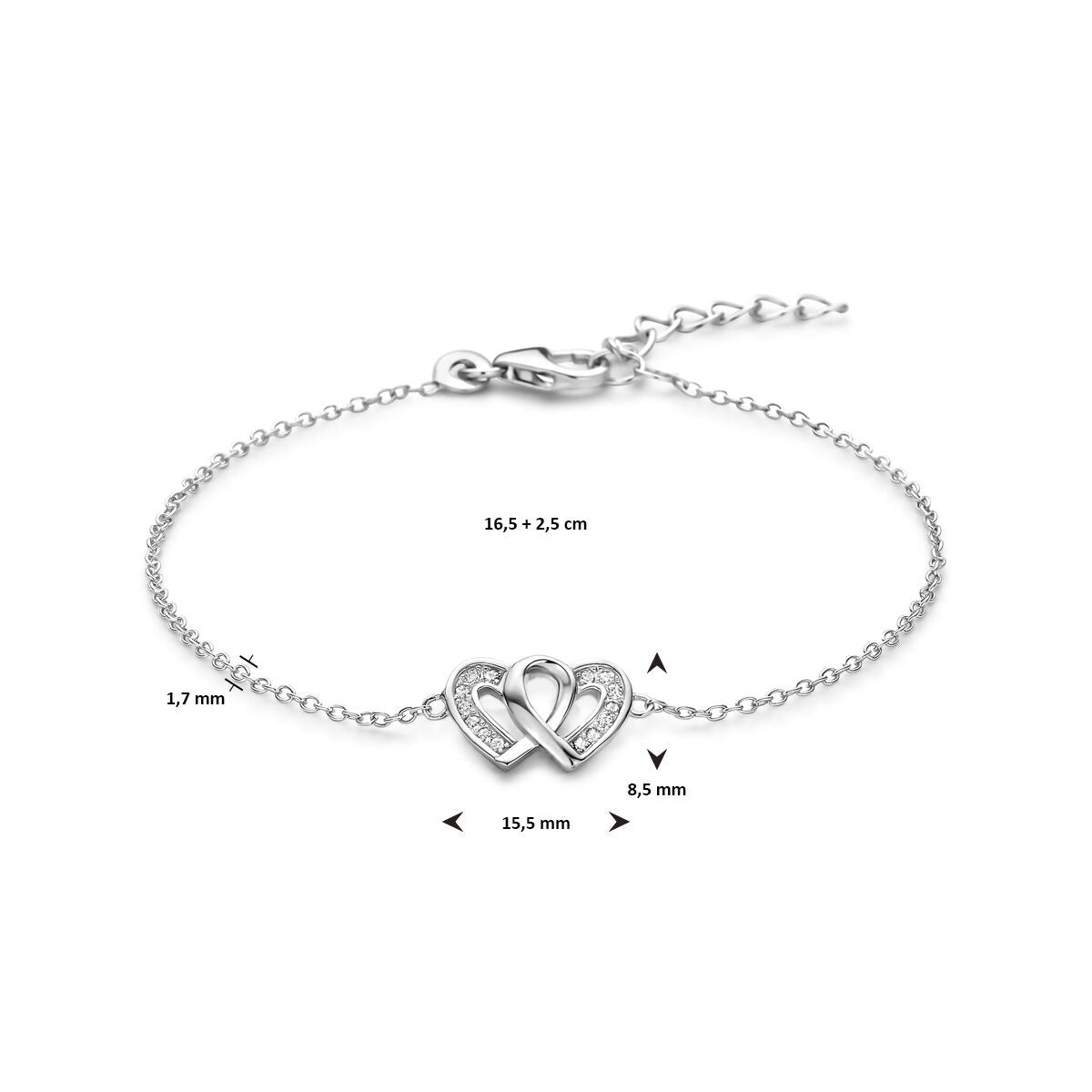 bracelet heart zirconia 16.5 + 2.5 cm silver rhodium plated