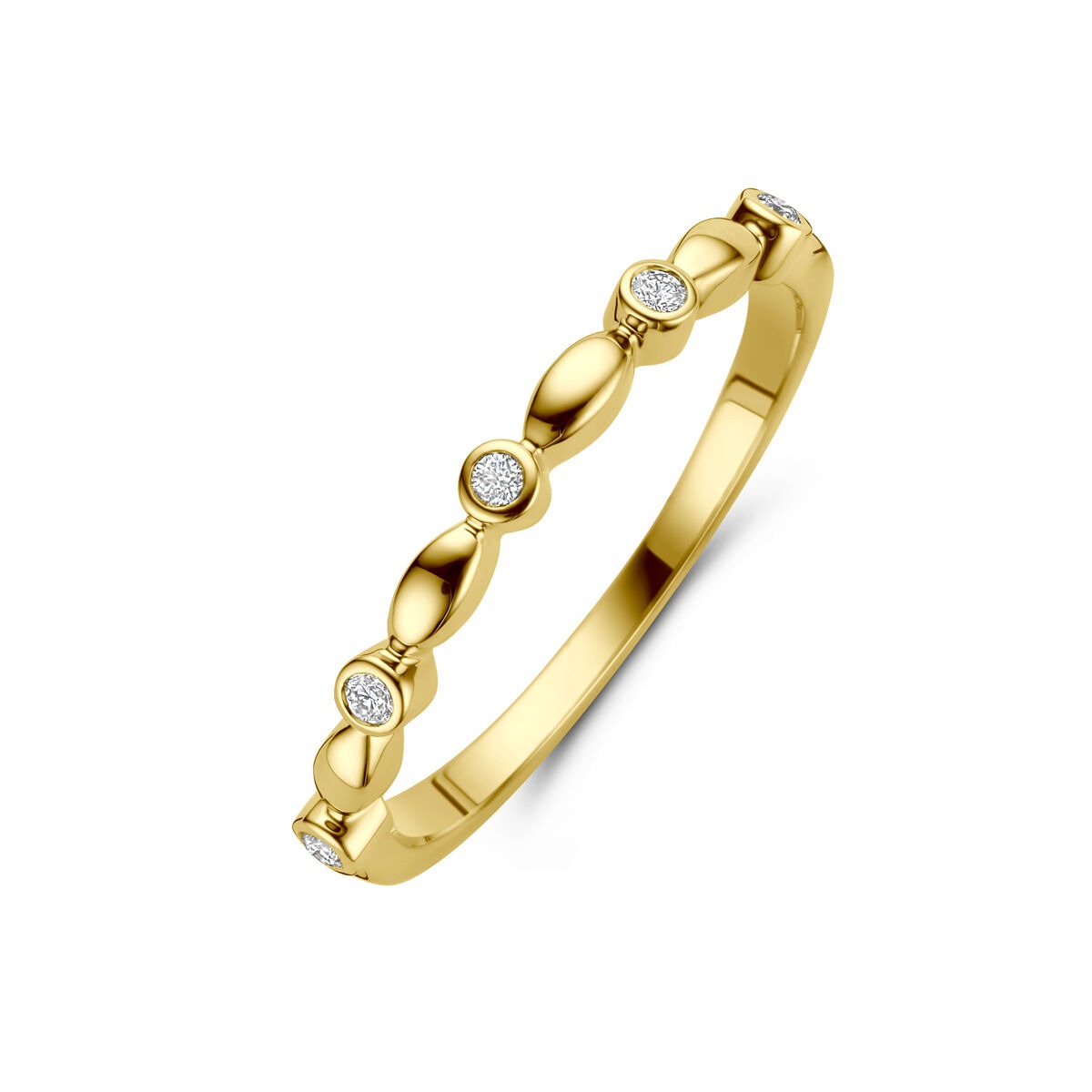Geelgouden damesring met een verfijnde solitaire, versierd met kleine diamanten in een golvende schakelpatroon.