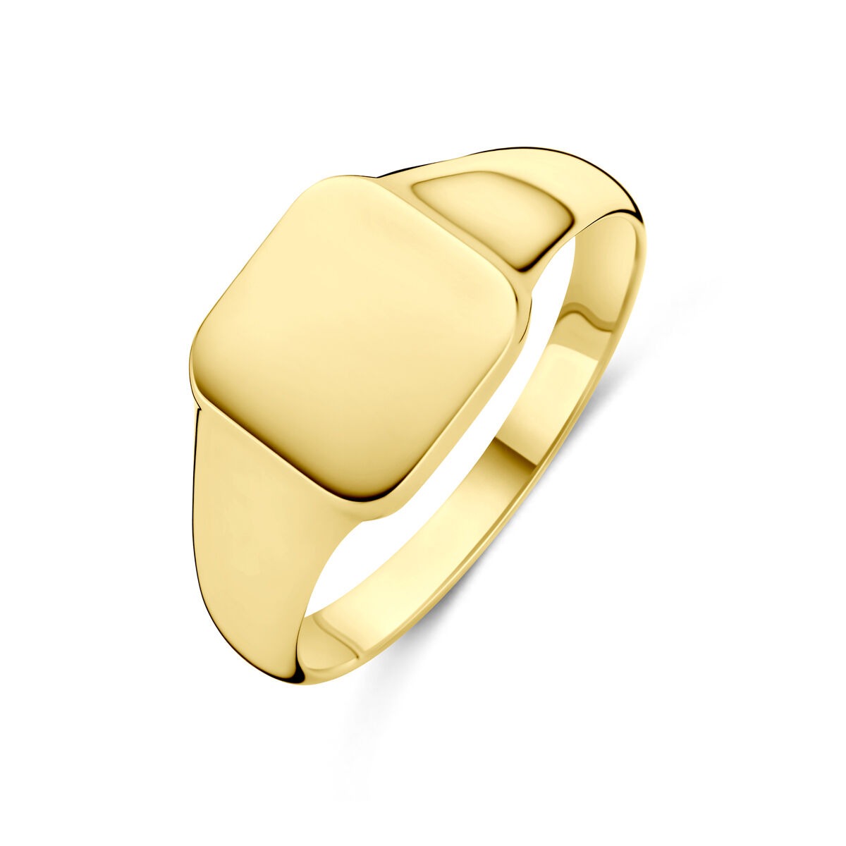 Geelgouden dames graveerring met een vierkante, gladde bovenkant en een smalle band.