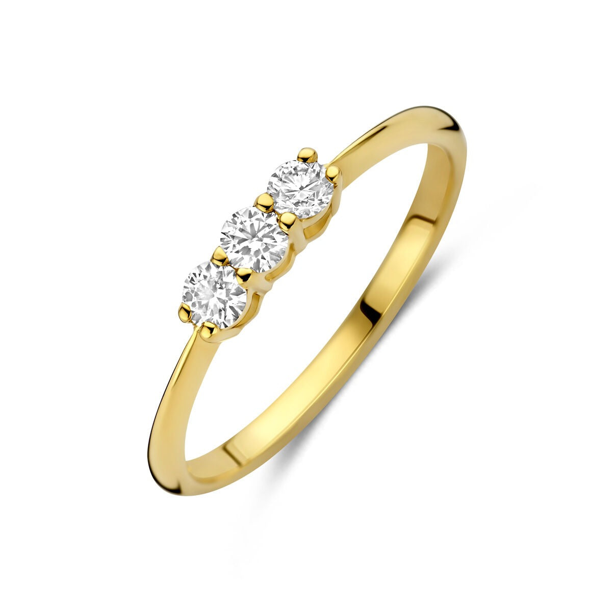 Geelgouden ring met drie lab grown diamanten in een klassieke zetting.