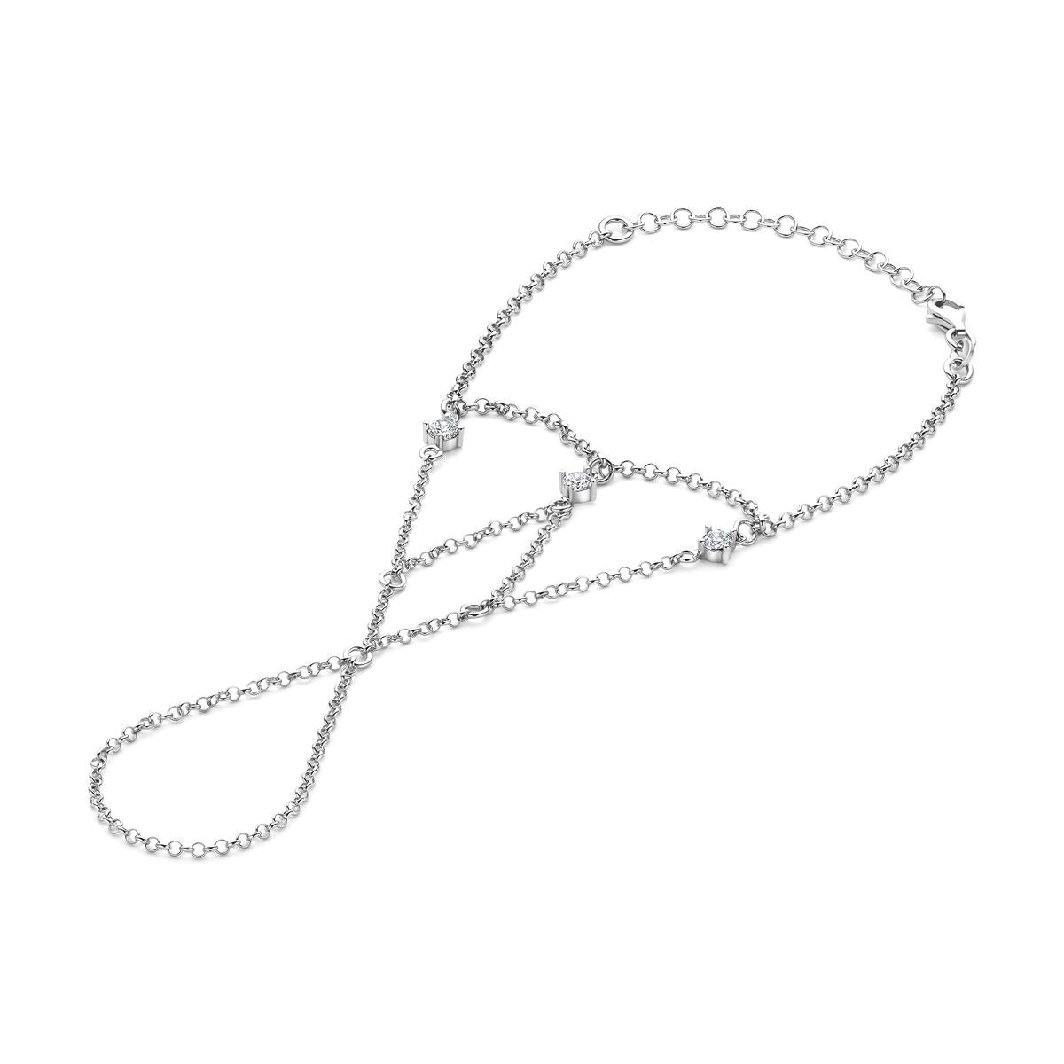 Gerhodineerd zilveren handsieraad met een kettingontwerp en zirkonia details.