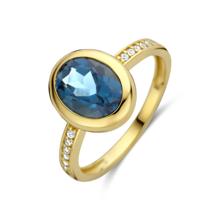 Gouden dames ring met London Blue topaas en diamant – 14k geelgoud