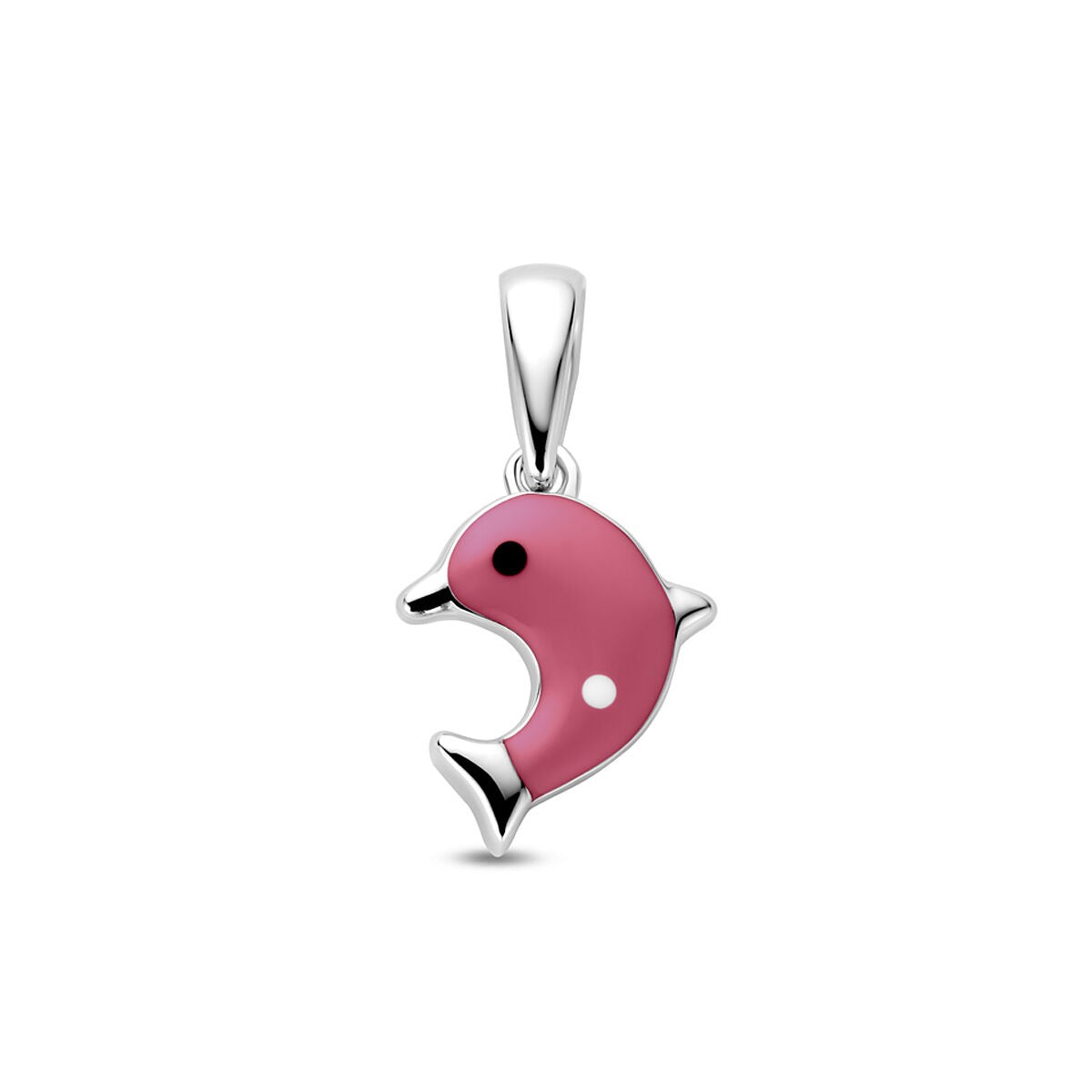 Zilveren kinderhanger in de vorm van een dolfijn, afgewerkt met roze en zwarte emaille.