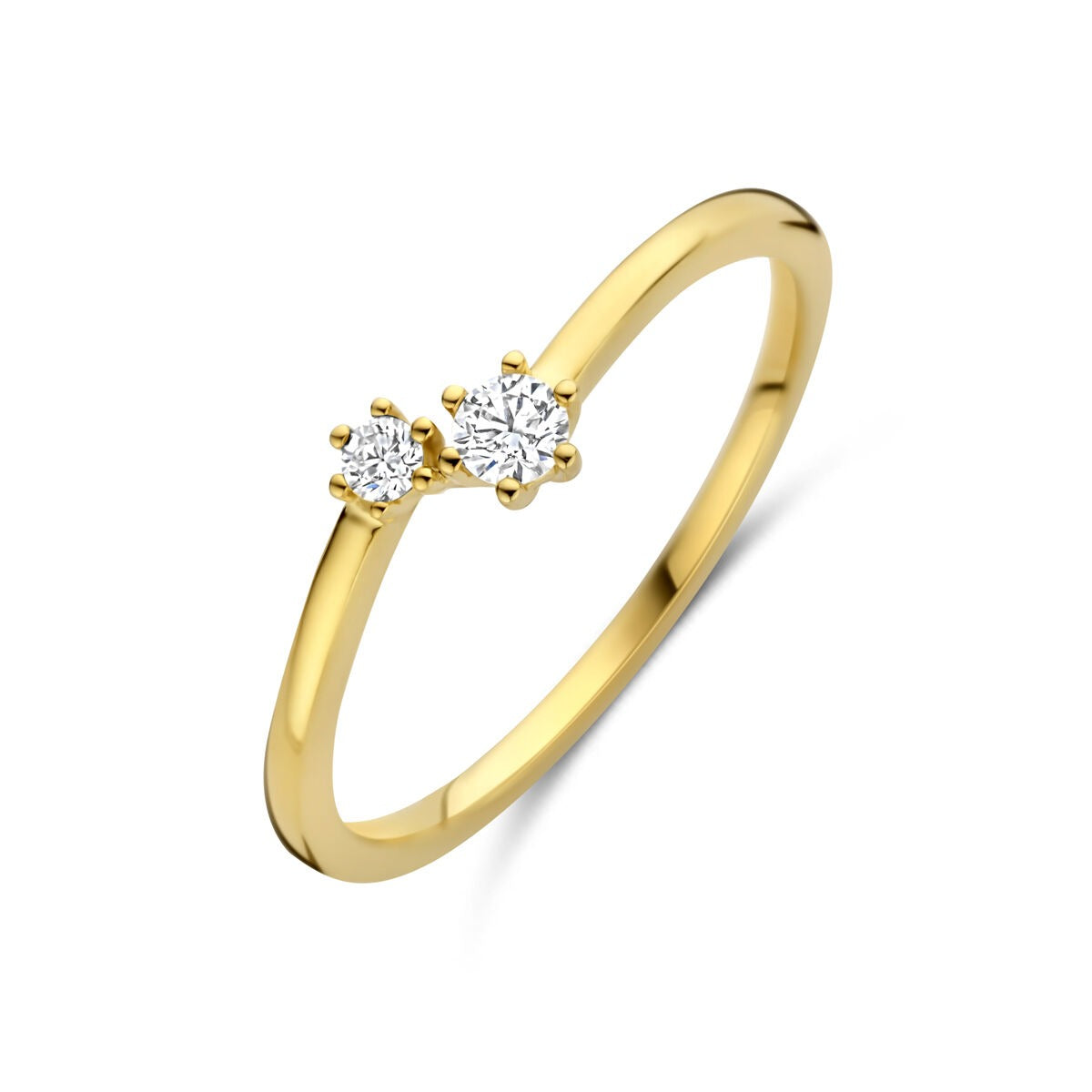 Gouden damesring van 14k geelgoud met twee ronde diamanten in een eenvoudige zetting.