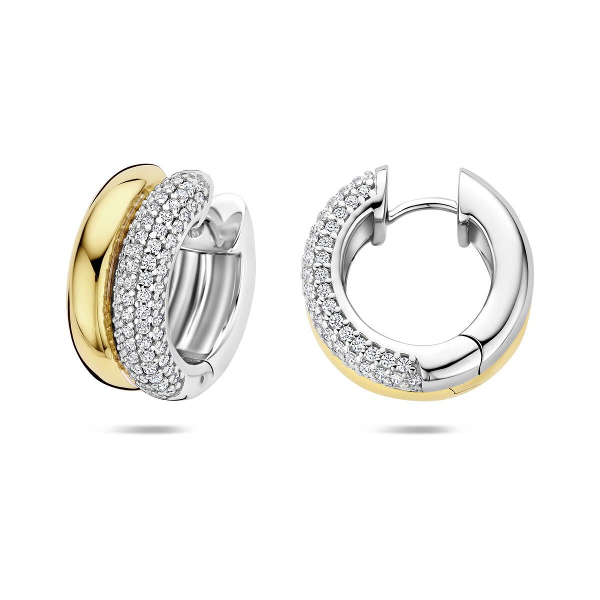 Verguld zilveren oorringen dames met zirkonia – bicolor klapoorringen 17.5 mm