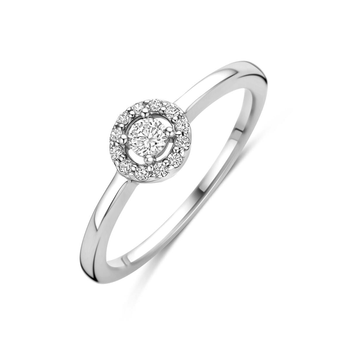 Gerhodineerde zilveren solitaire ring met een ronde zirkonia en een cirkelvormige steinsetting.