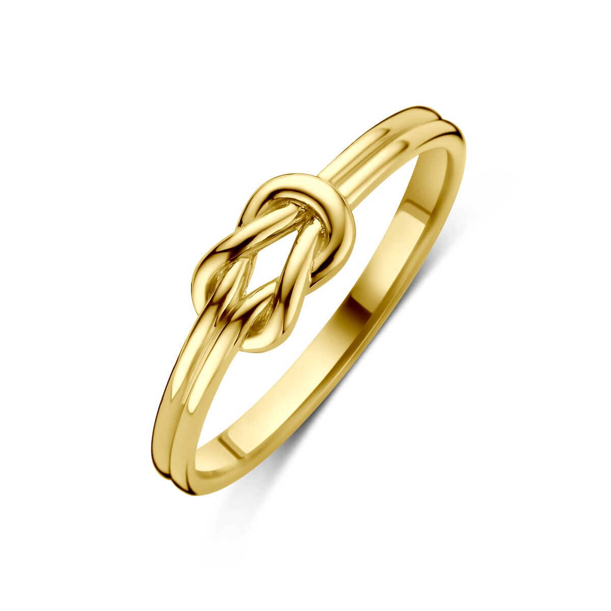 Gouden damesring van 14k geelgoud met een knoopdesign en een gladde afwerking.