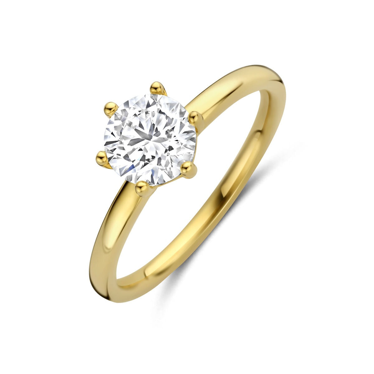 Gouden damesring van 14k geelgoud met een lab grown diamant in een ronde zetting.