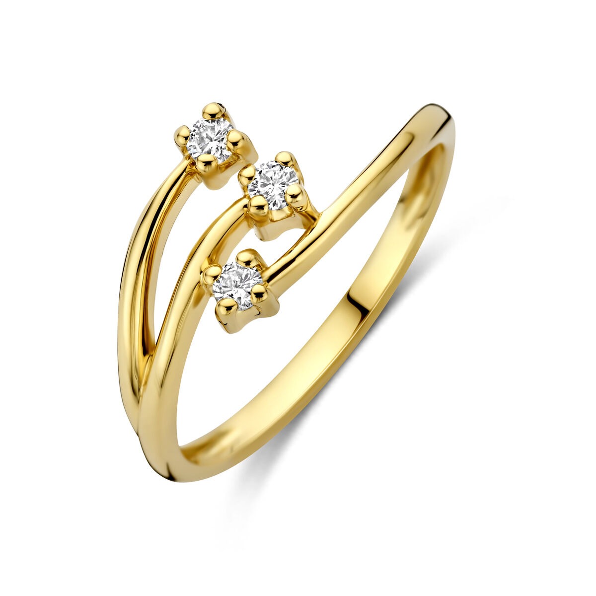 Geelgouden ring met drie lab grown diamanten in een speelse, golvende setting.
