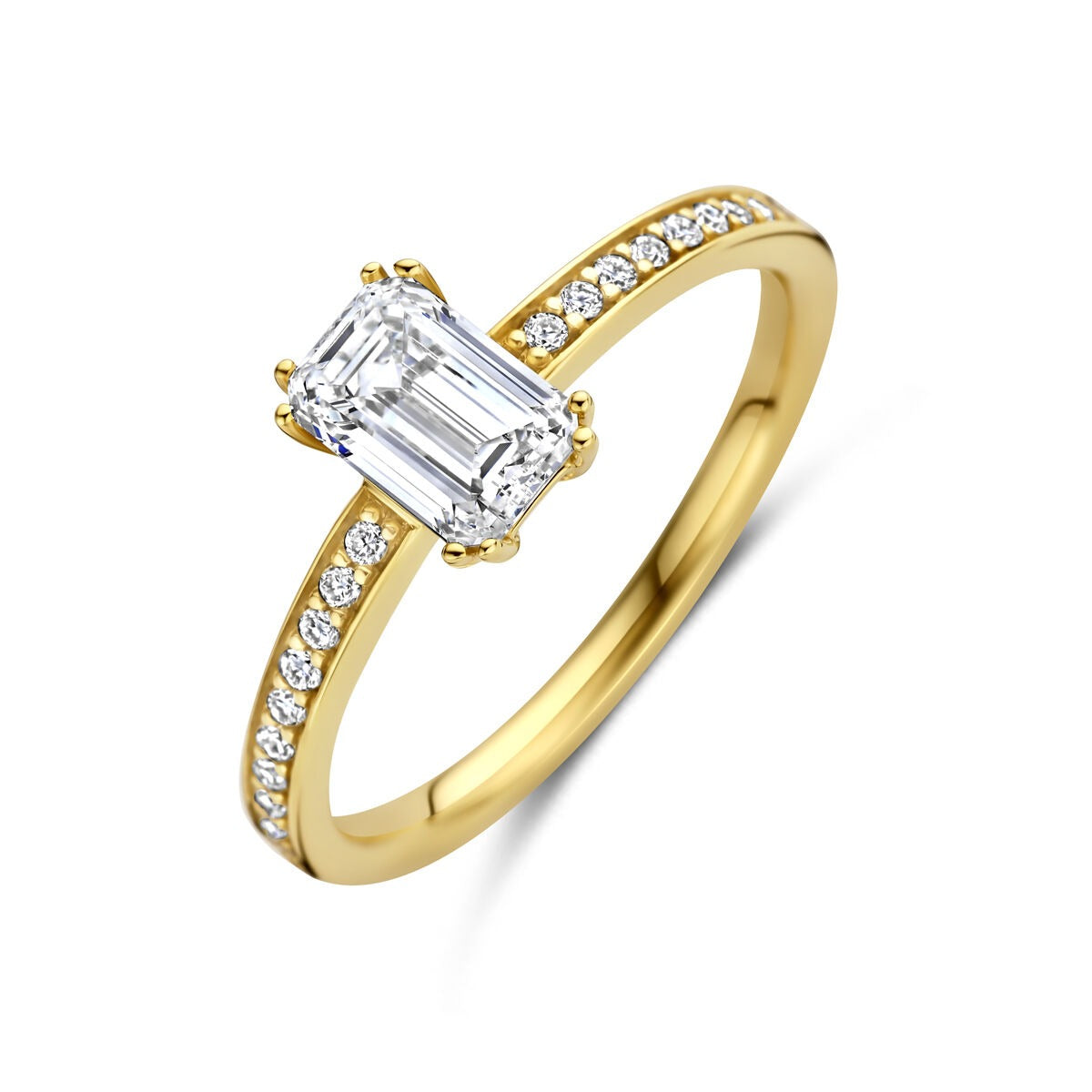 Gouden damesring van 14k geelgoud met een lab grown diamant en kleine steentjes aan de zijkanten.