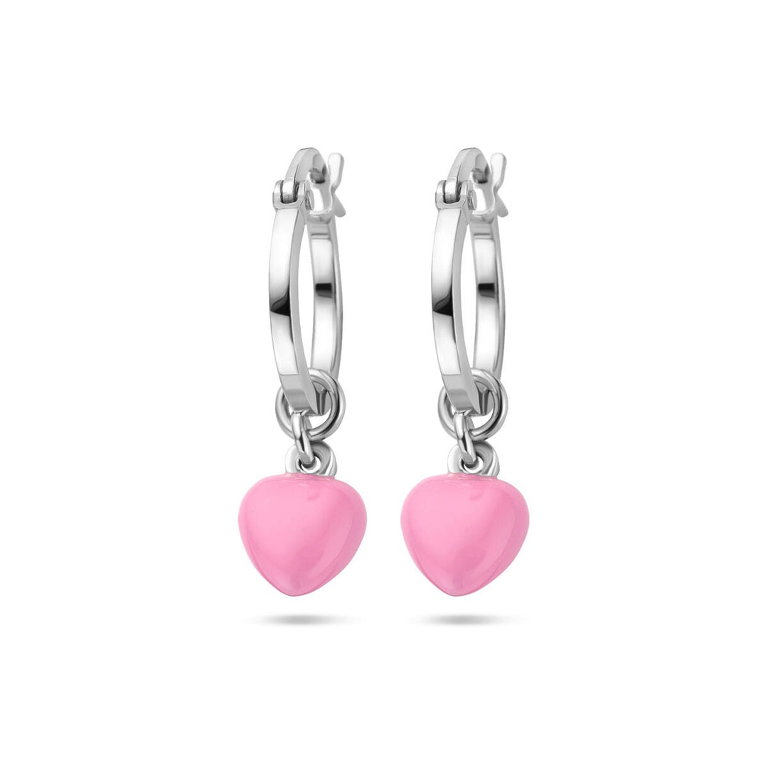 Zilveren kinder oorringen – gerhodineerd met roze emaille hart