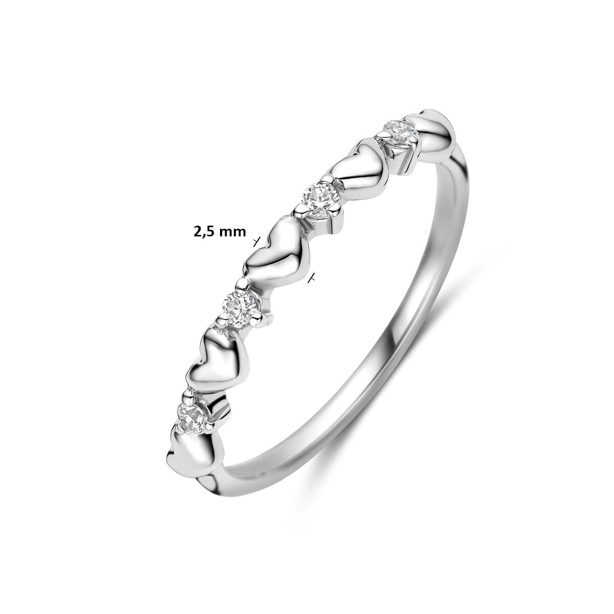 Gerhodineerd 925 zilveren ring met hartjes en zirkonia
