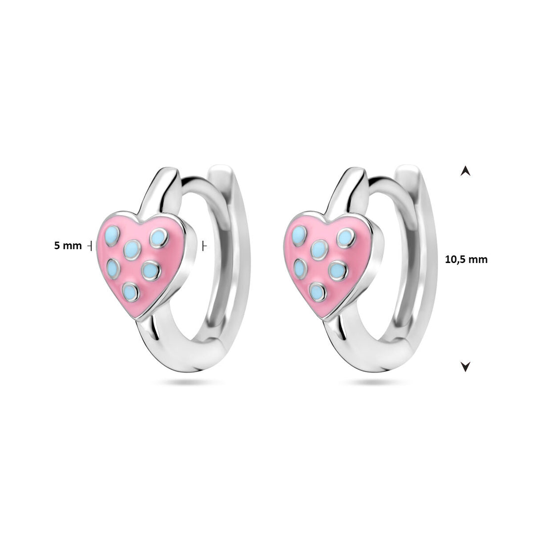 Zilveren kinder klapoorringen met roze en turquoise emaille hartje