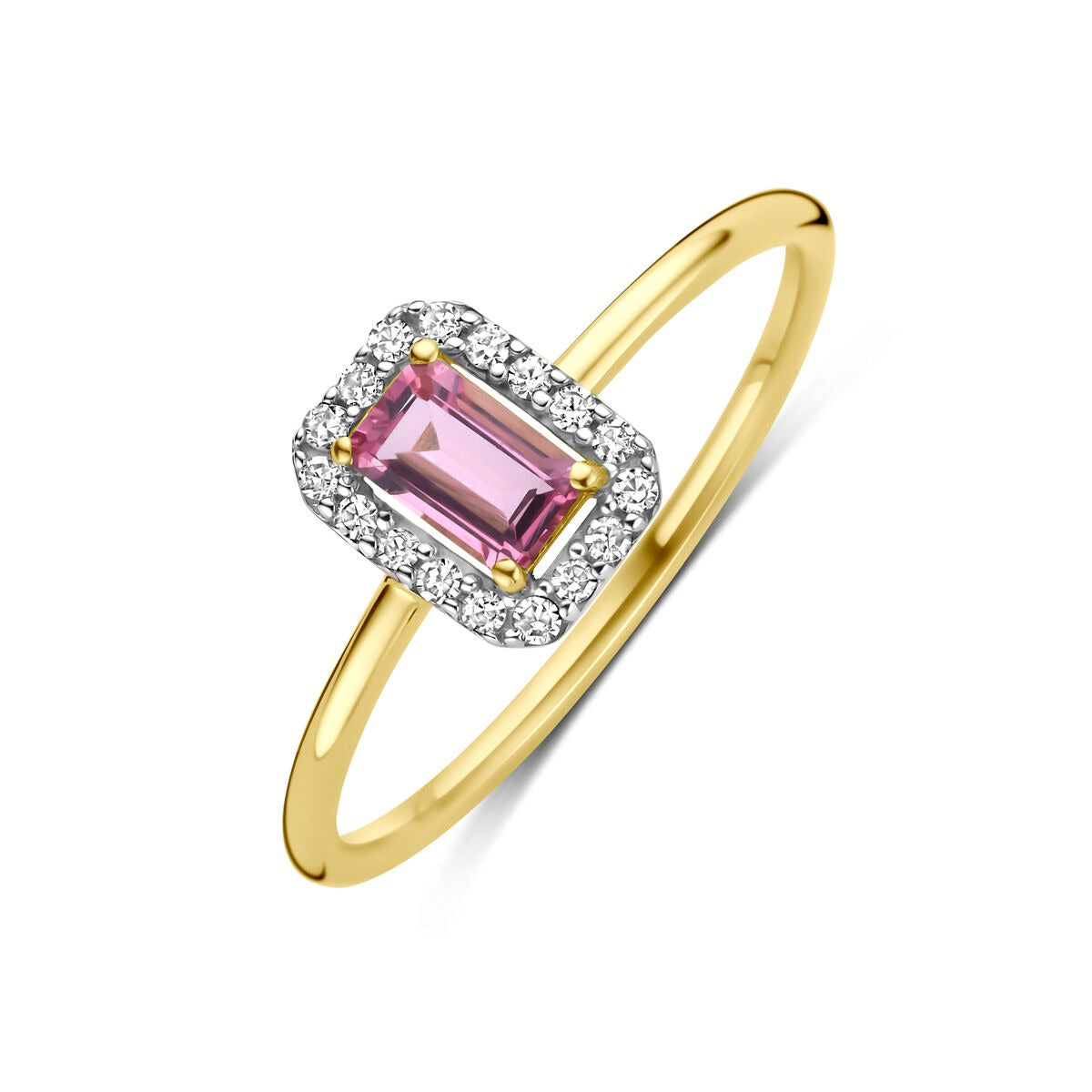 Gouden damesring van 14k geelgoud met een roze toermalijn en een omlijsting van diamanten.