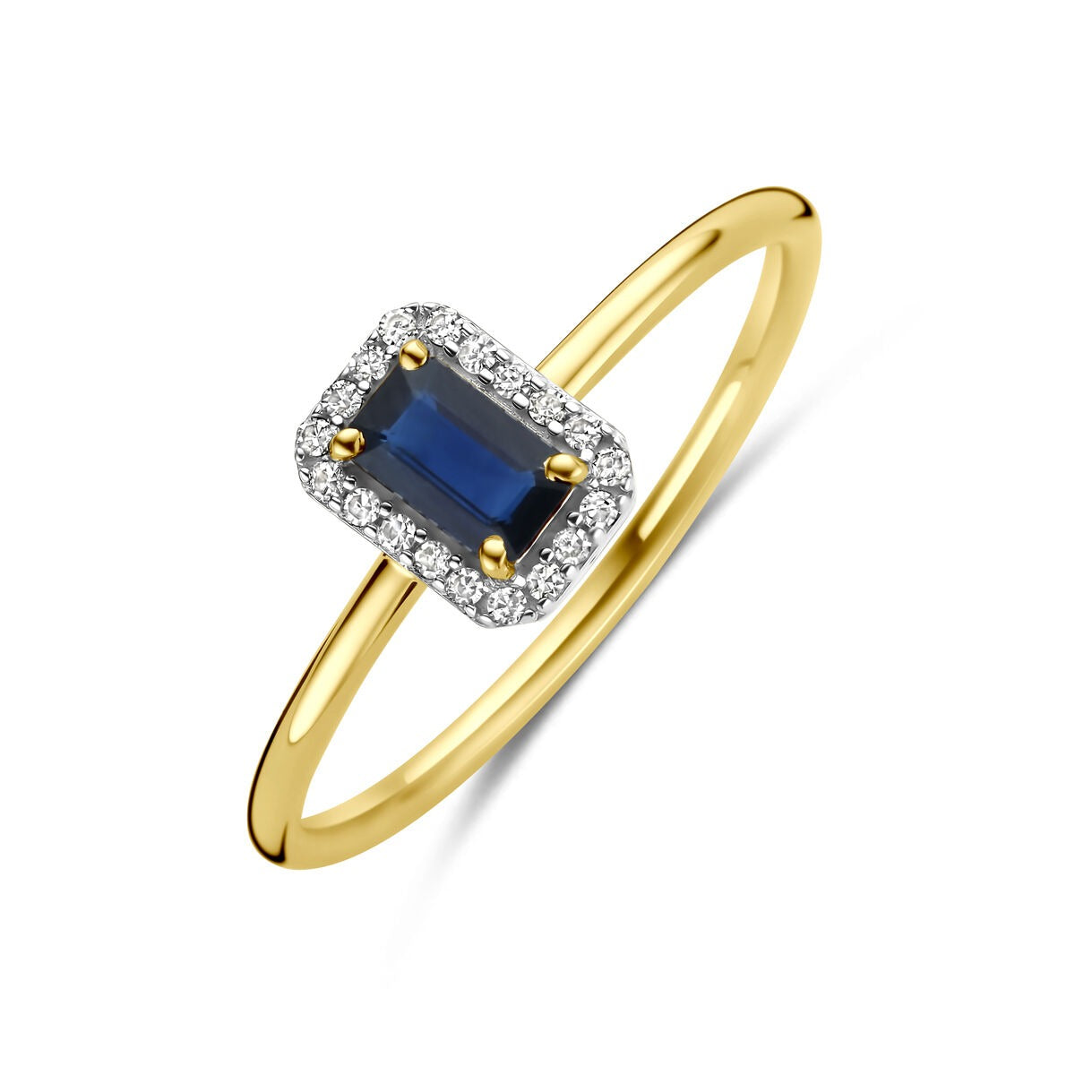Gouden ring met een rechthoekige saffier omringd door diamanten in een verfijnde zetting.