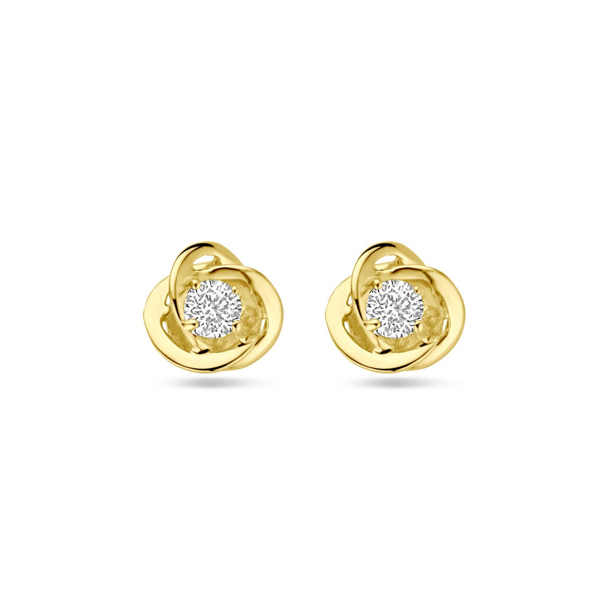 Geelgouden oorknopjes van 9k met een zirkonia-steentje, diameter 7 mm, in een moderne, golvende vorm.
